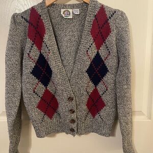 Classic Gray and Red Argyle Cardigan Sweater